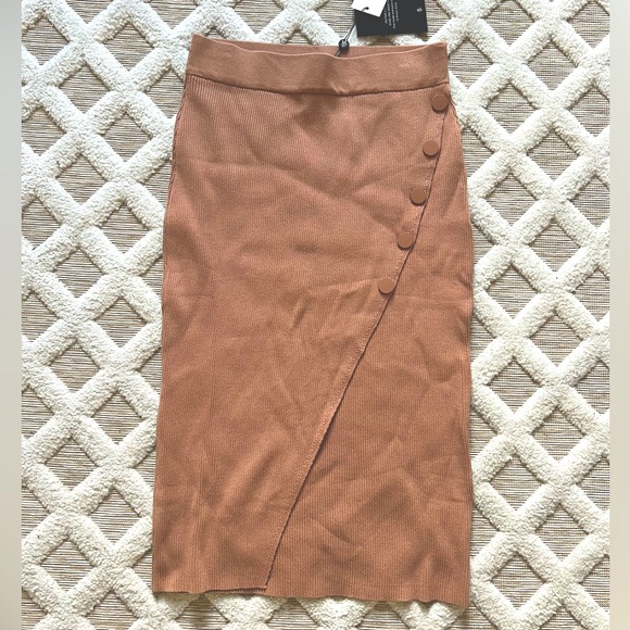 NWT | Iris Tan Ribbed Knit Faux Wrap Midi Skirt - Picture 5 of 9